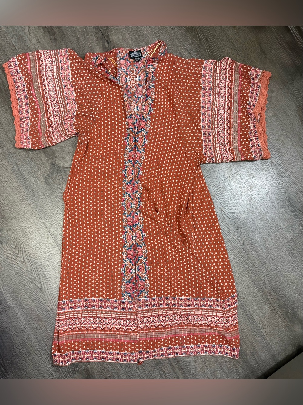 Angie Large Kimono 3/4 Sleeve Open Front Boho Beach Cover Up Rust Color Floral